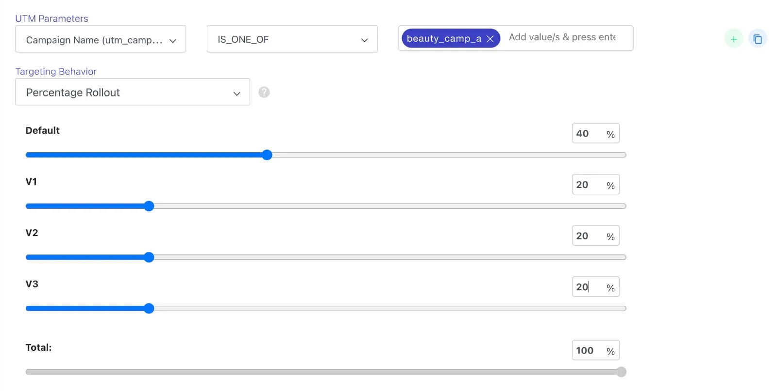 Percentage Rollout targeting behavior in CustomFit: the user manually sets traffic split with sliders — Default 40%, V1 20%, V2 20%, V3 20%, totalling 100%.
