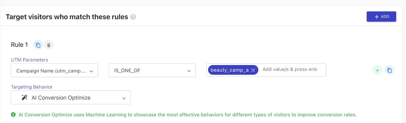 CustomFit targeting rule editor with Targeting Behavior set to 'AI Conversion Optimize', which uses machine learning to show the most effective experience to each type of visitor.