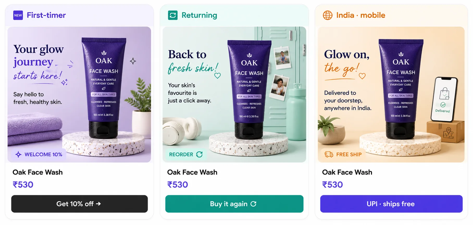 Same product, three storefronts — first-timer welcome offer, returning buy-it-again, India mobile free shipping