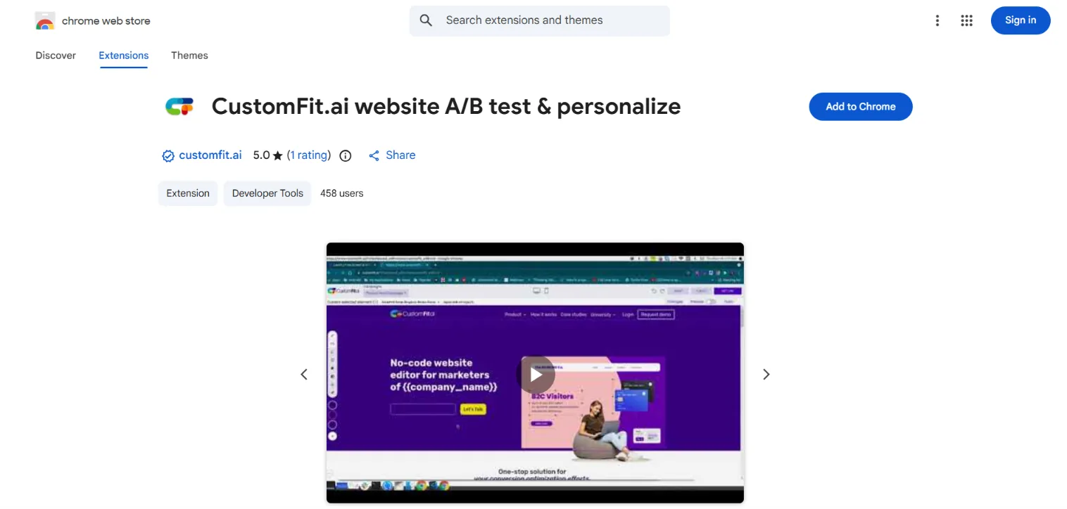 CustomFit.ai on the Chrome Web Store — website A/B test & personalize extension, 5.0 rating