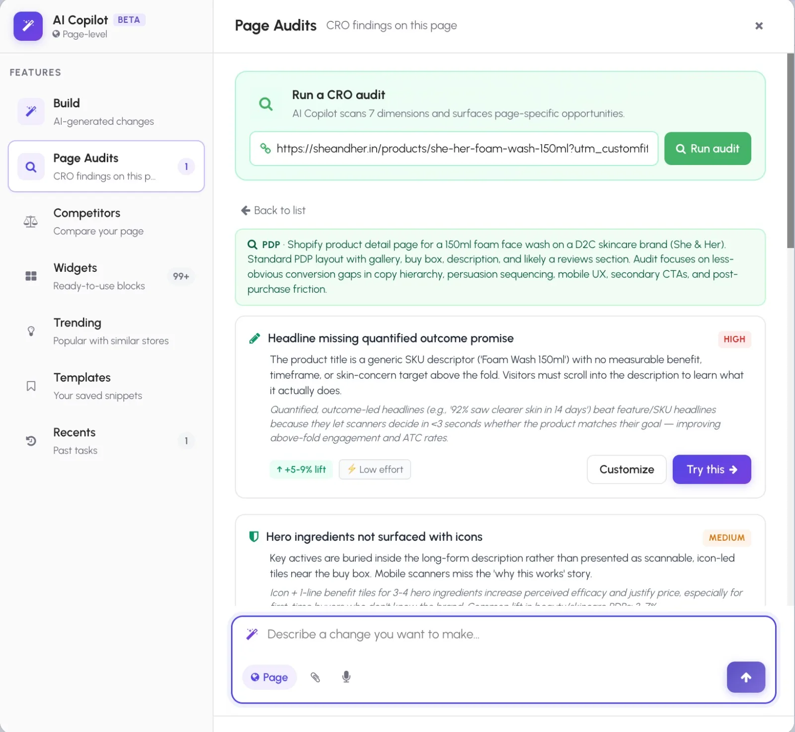 CustomFit AI Copilot — Page Audit surfacing CRO findings with lift estimates