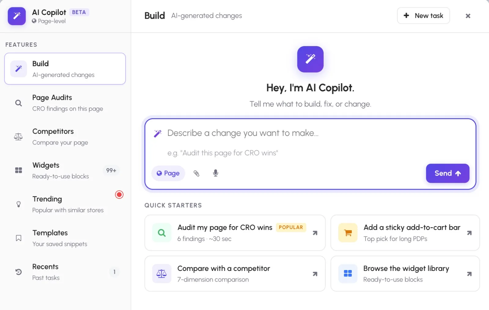 CustomFit AI Copilot screen for building, auditing, and comparing website experiences