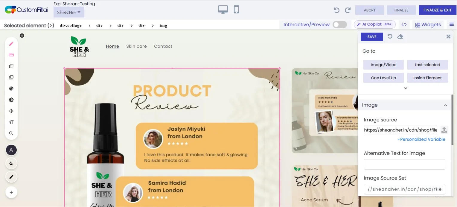 CustomFit no-code visual editor open on a She & Her skincare 'Product Review' storefront page: an image element is selected with pink resize handles and a breadcrumb (div.collage › div › div › div › img), while the right-hand panel shows Image source, alt text, and image source-set fields, plus AI Copilot, Widgets, and device-preview controls.