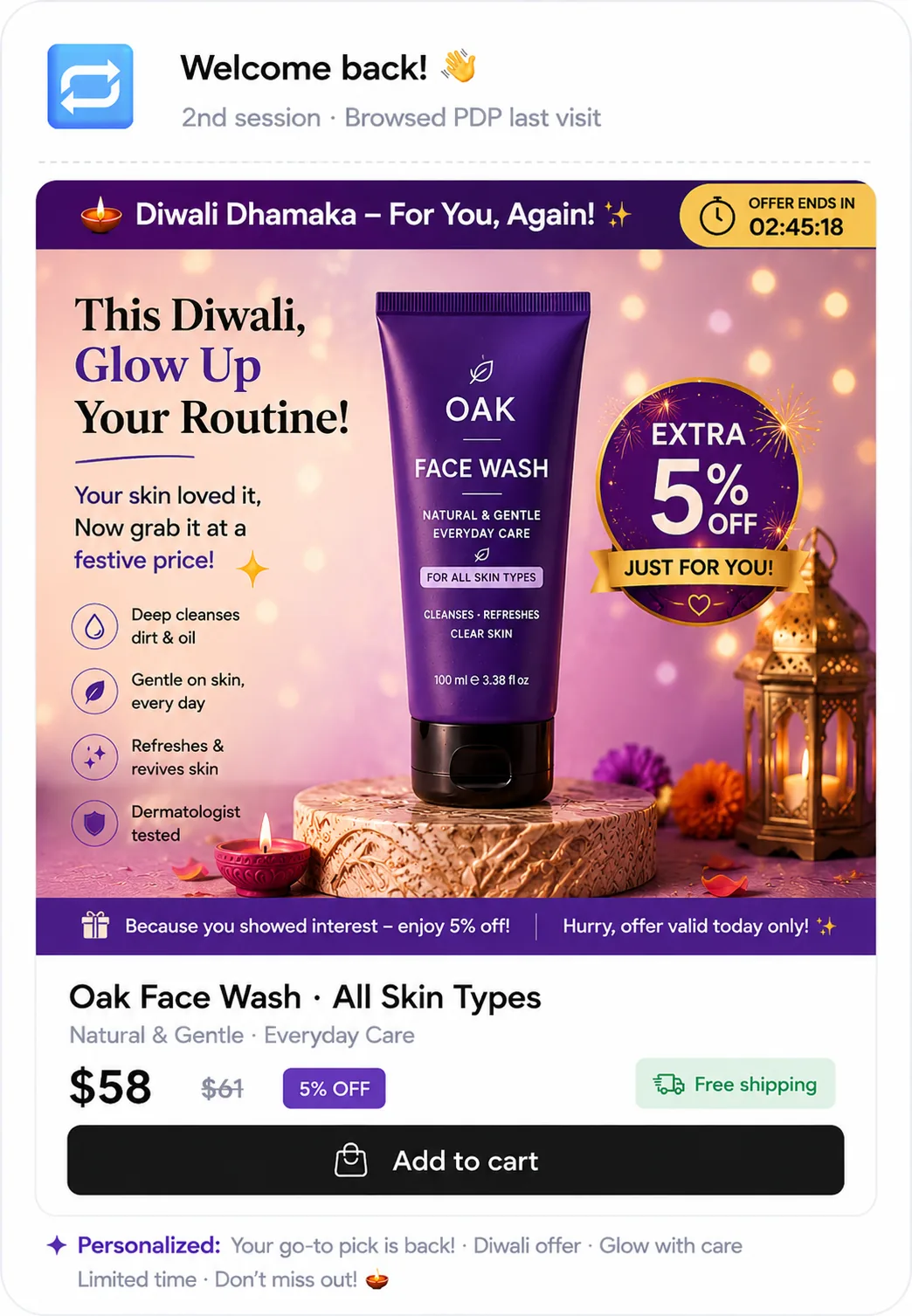 Campaign personalized experience — Meta Diwali campaign, Oak Face Wash festive offer, extra 5% off