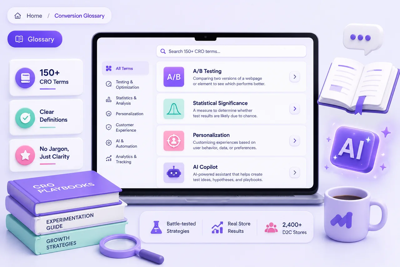Illustration of the CustomFit.ai Conversion Glossary — a searchable library of 150+ CRO, A/B testing, and personalization terms for ecommerce marketers.
