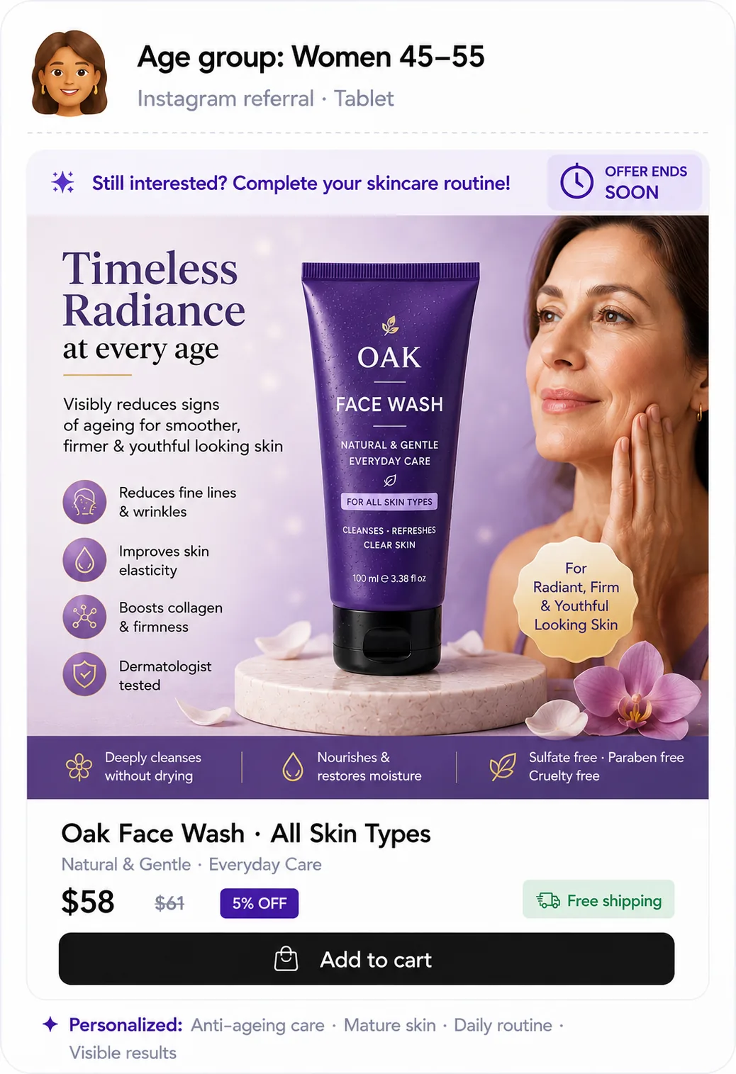 Gender and age personalized experience — women's anti-ageing Oak Face Wash, timeless radiance, 5% off