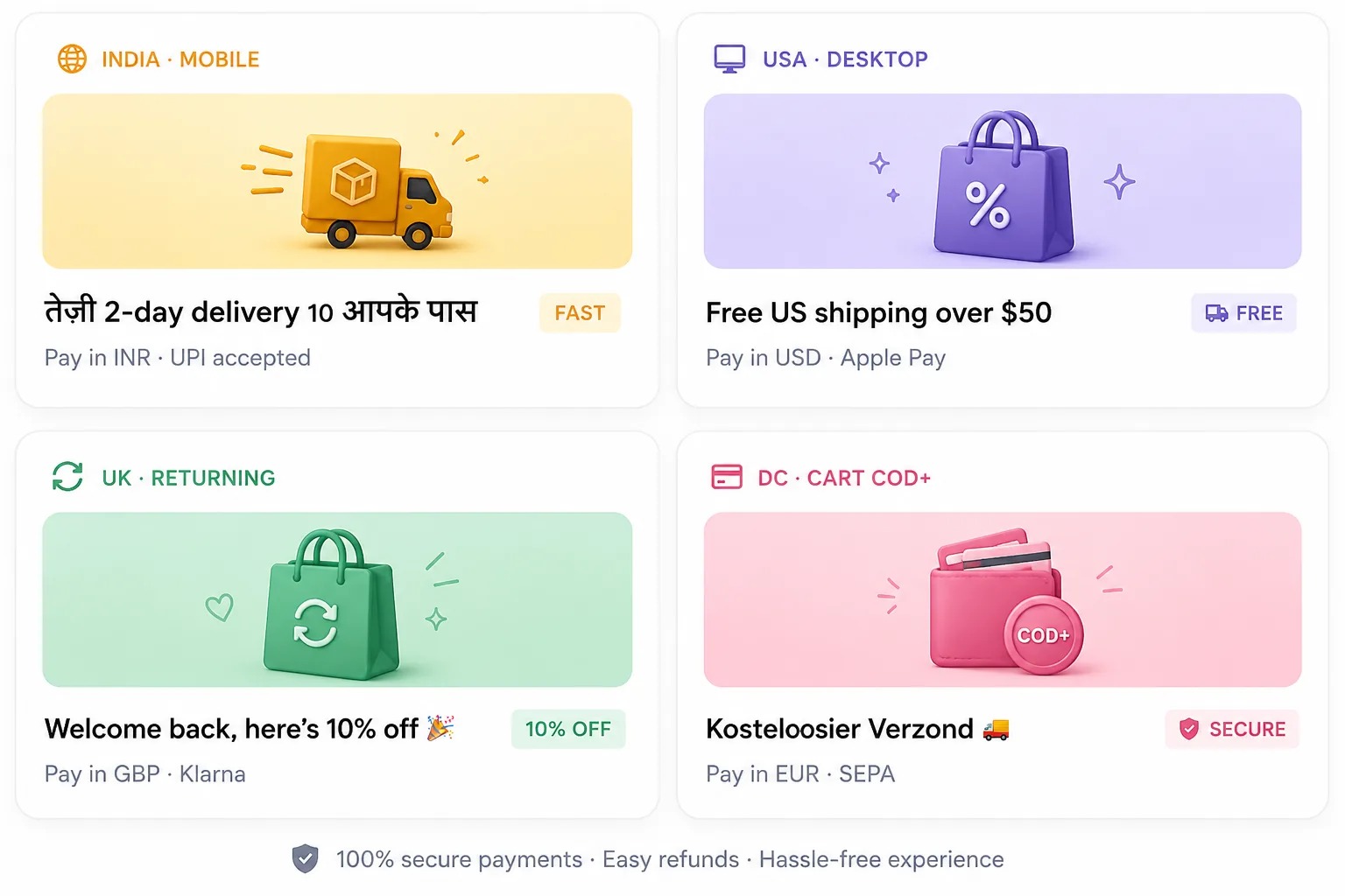 Localized storefront experiences — India mobile 2-day delivery, USA desktop free shipping, UK returning 10% off, DE cart COD