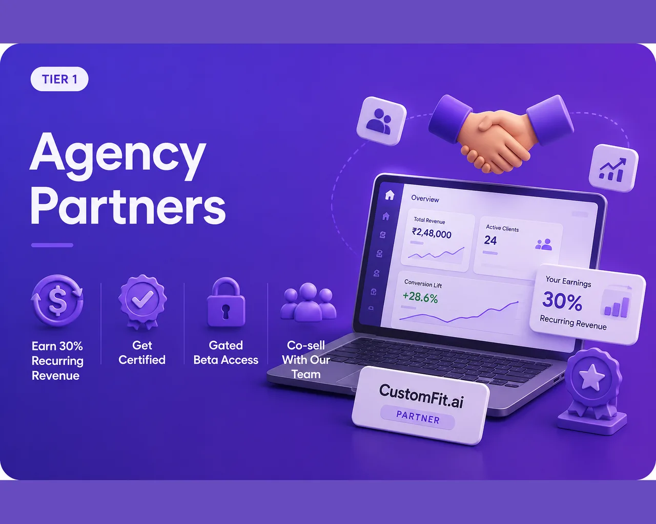 Tier 1 — Agency Partners: for D2C, Shopify Plus & CRO agencies. Earn 30% recurring revenue, get certified, gated beta access, and co-sell with our team.