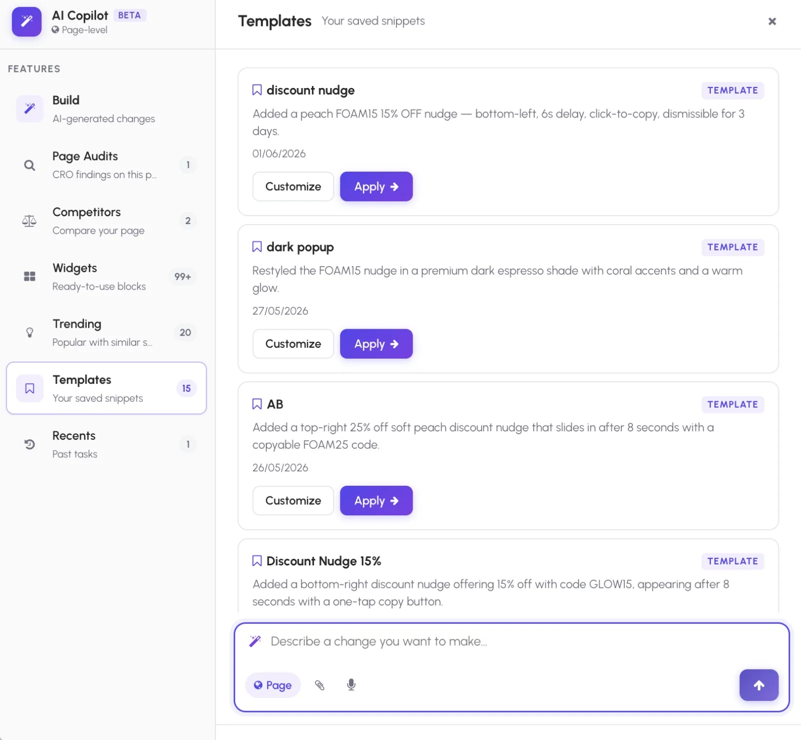 AI Copilot Templates — your saved snippets