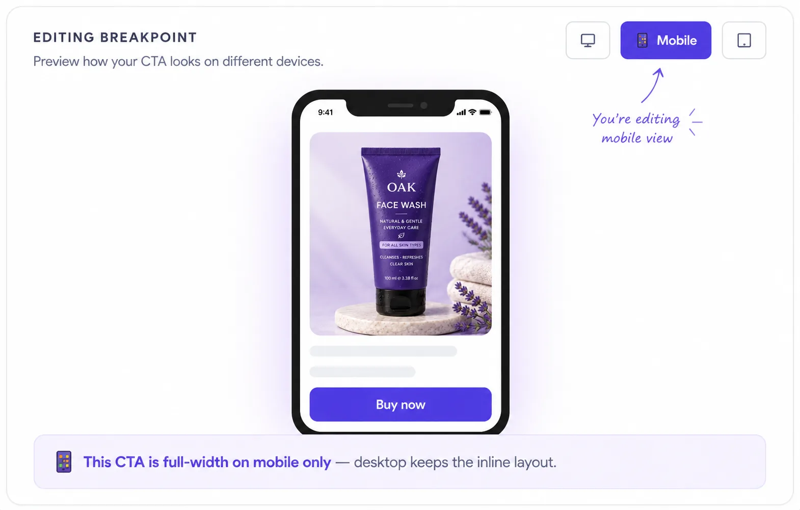 Visual editor breakpoint preview — editing the mobile view of a product page, where the Buy now CTA is full-width on mobile only while desktop keeps the inline layout.
