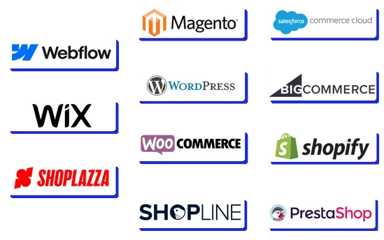 customfit integrates with webflow, wix, magento, woocommerce, wordpress, shoplazza, shopine, shopify, prestashop, bigcommerce, salesforce