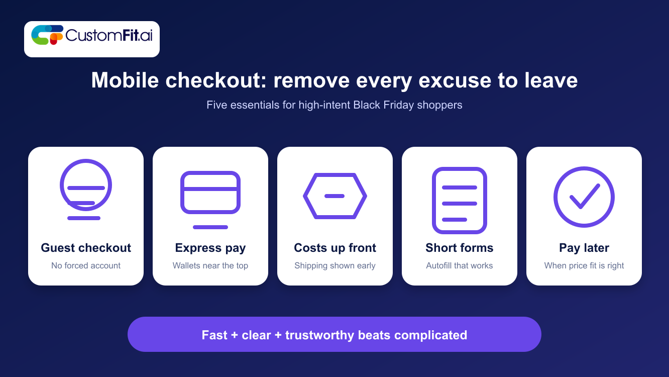 Five mobile checkout priorities for Black Friday: guest checkout, express payment, costs shown early, short forms and pay-later options