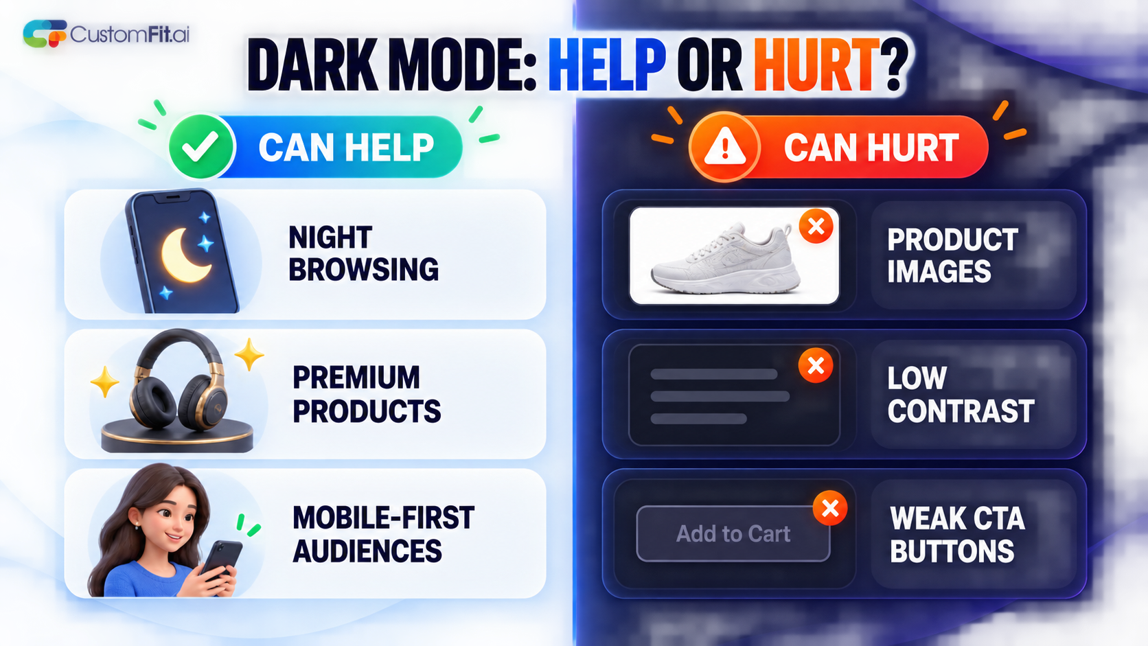 Where ecommerce dark mode can help and where it can hurt, covering night browsing, premium products, product images, contrast, and CTA visibility