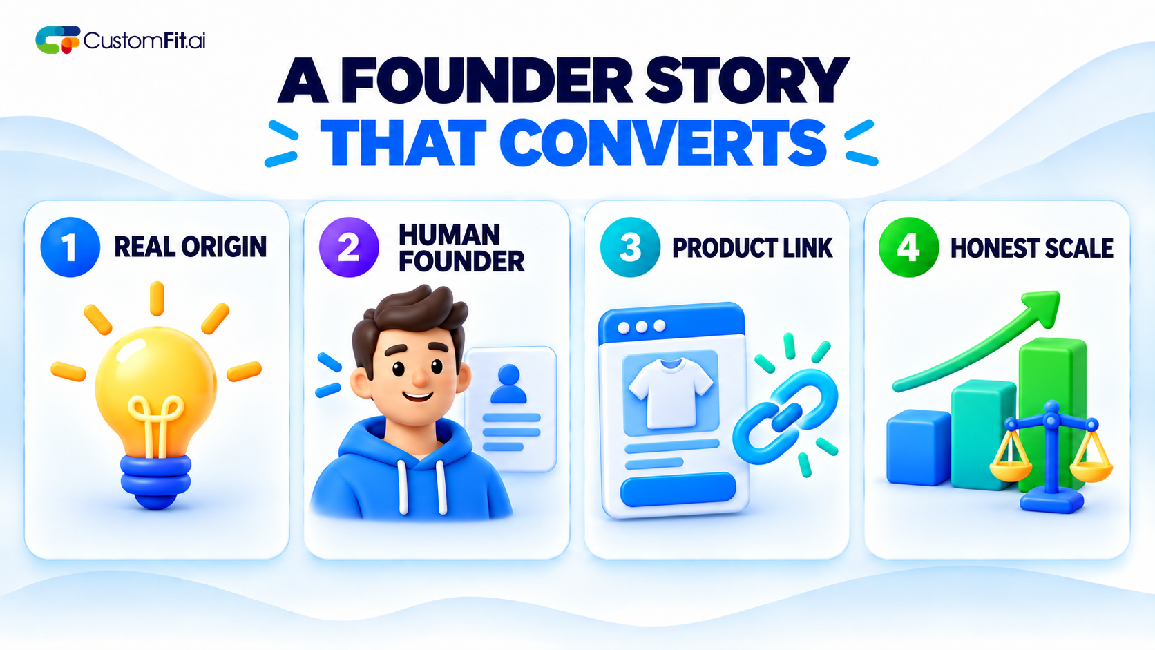 Four principles of a founder story that converts: real origin, human founder, product link, and honest scale